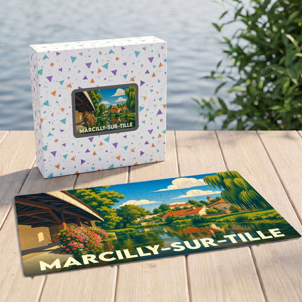 Puzzle souvenir de la ville de Marcilly-sur-Tille avec une illustration stylisée et colorée de ses paysages au bord de l'eau.