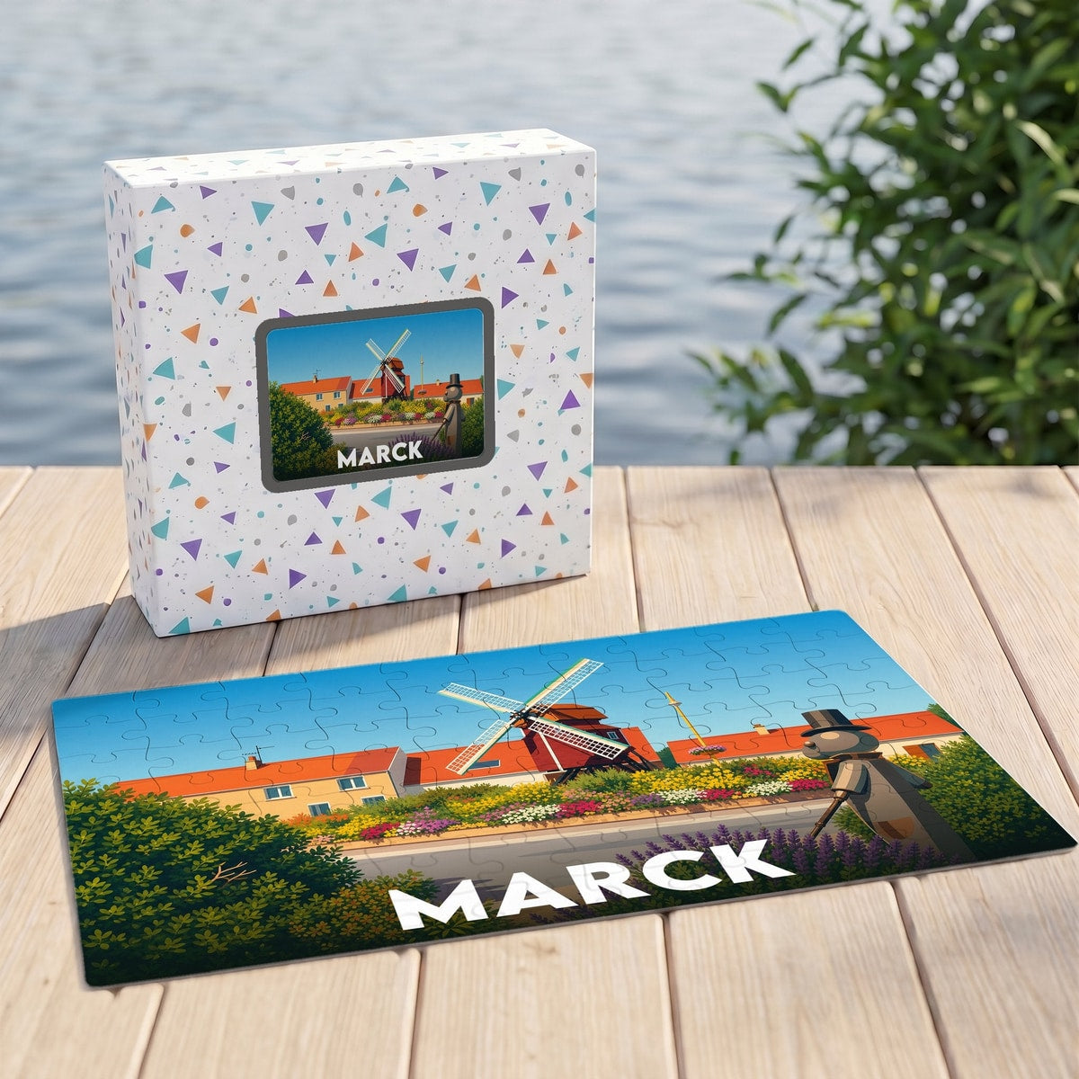Puzzle souvenir de la ville de Marck avec une illustration stylisée de moulin.
