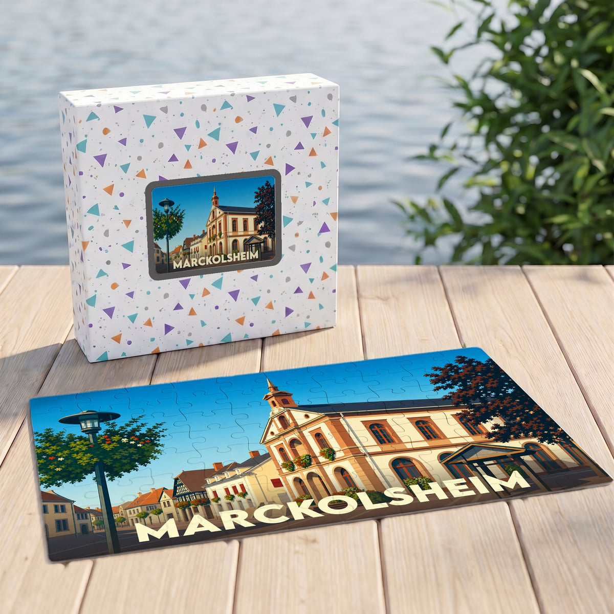Puzzle souvenir de la ville de Marckolsheim avec une illustration stylisée et colorée.