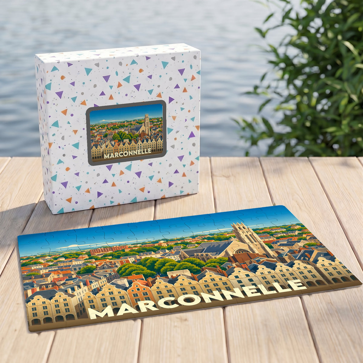 Puzzle souvenir de la ville de Marconnelle avec une illustration panoramique stylisée.