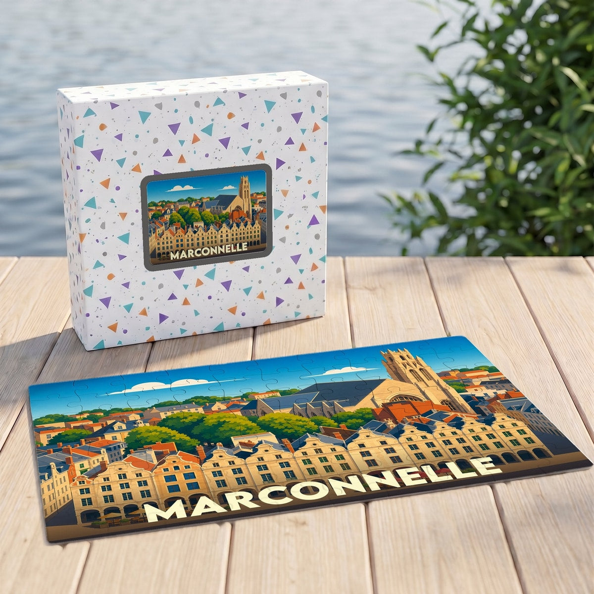 Puzzle souvenir de la ville de Marconnelle avec une illustration stylisée et colorée.
