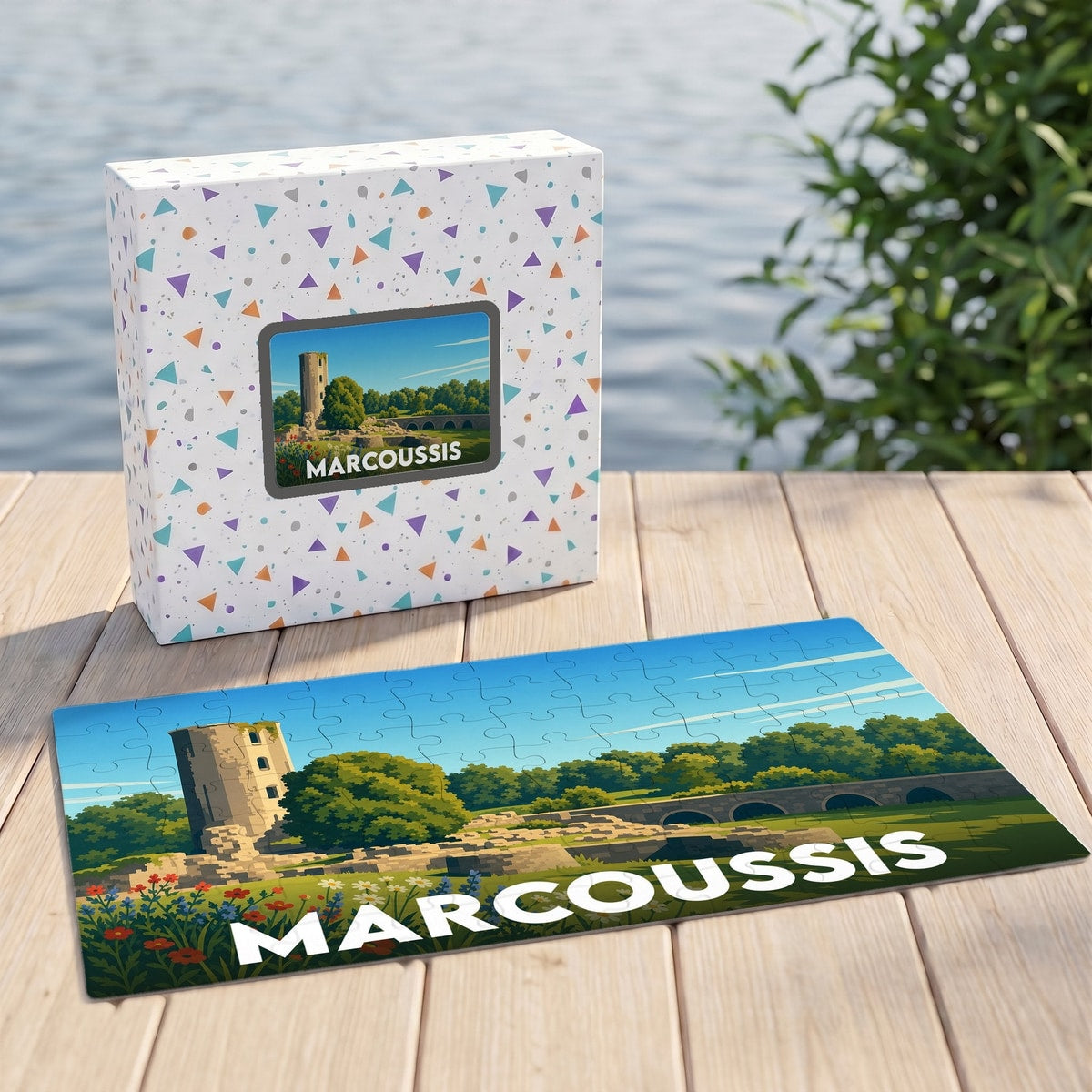 Puzzle souvenir de la ville de Marcoussis avec une illustration stylisée de son patrimoine historique.