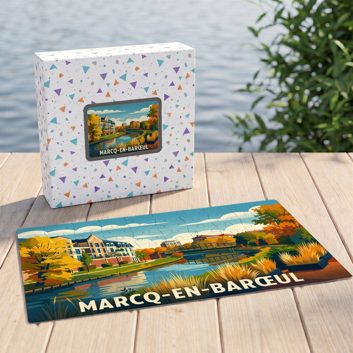 Puzzle souvenir de la ville de Marcq-en-Barœul avec une illustration stylisée d'un paysage urbain au bord de l'eau.