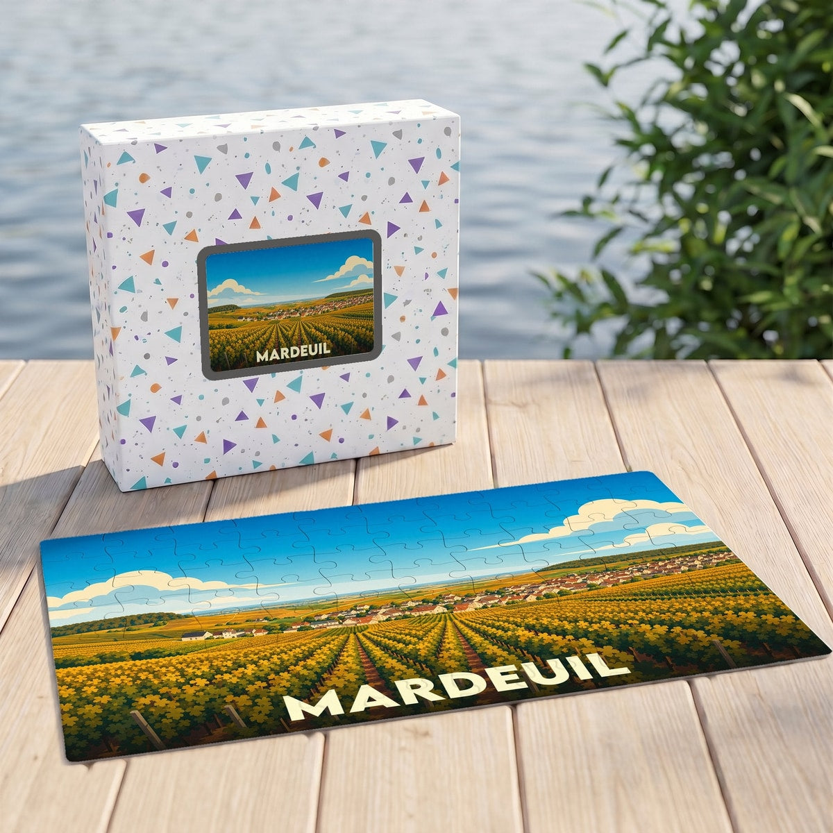 Puzzle souvenir de la ville de Mardeuil représentant un paysage de vignobles avec une illustration stylisée.