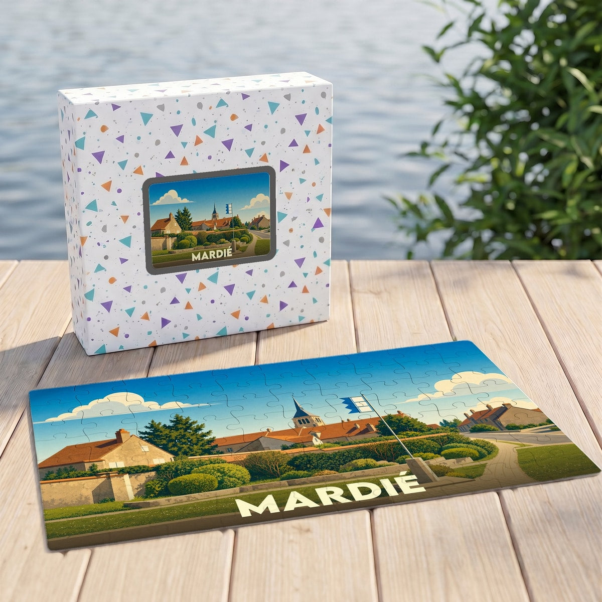 Puzzle souvenir de la ville de Mardié avec une illustration stylisée et colorée.