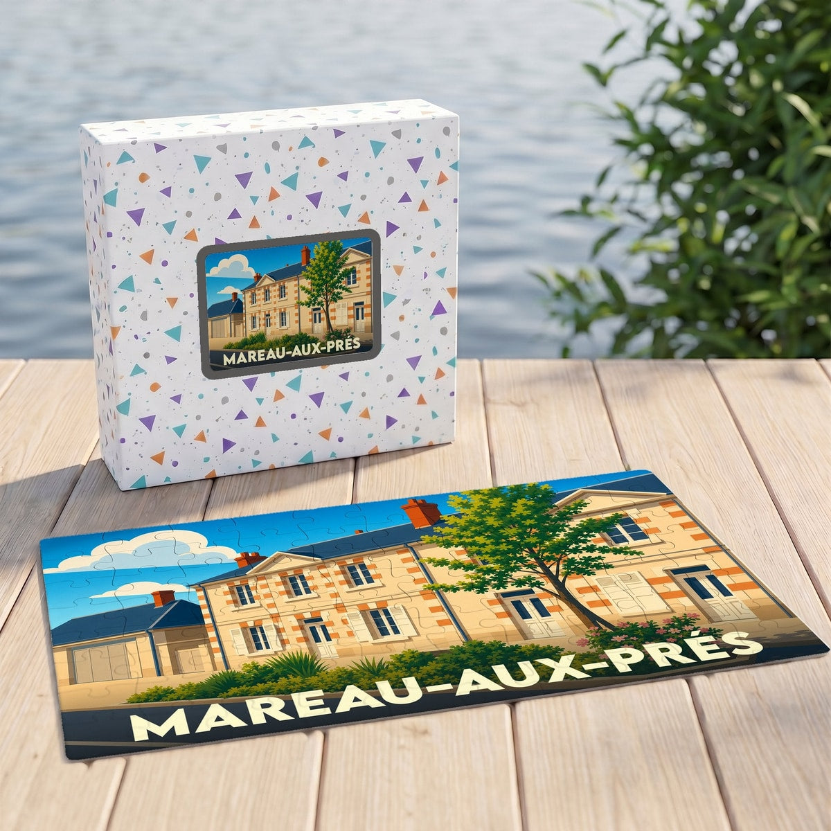 Puzzle souvenir de la ville de Mareau-aux-Prés avec une illustration stylisée de bâtiments traditionnels.