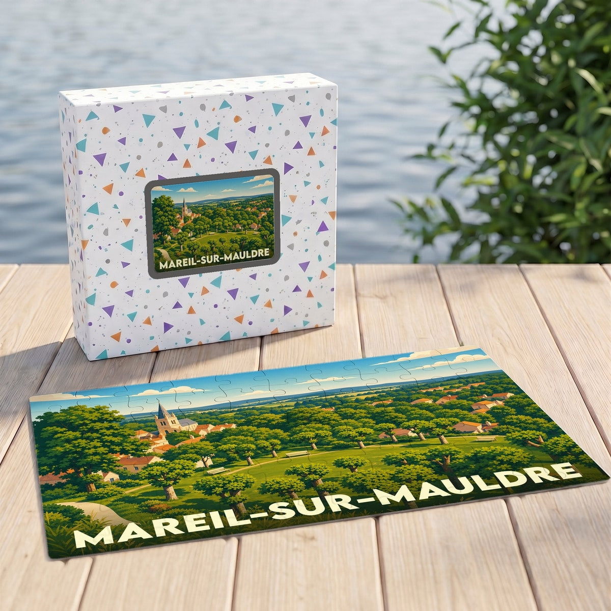 Puzzle souvenir de la ville de Mareil-sur-Mauldre présentant une illustration paysagère verdoyante et stylisée.