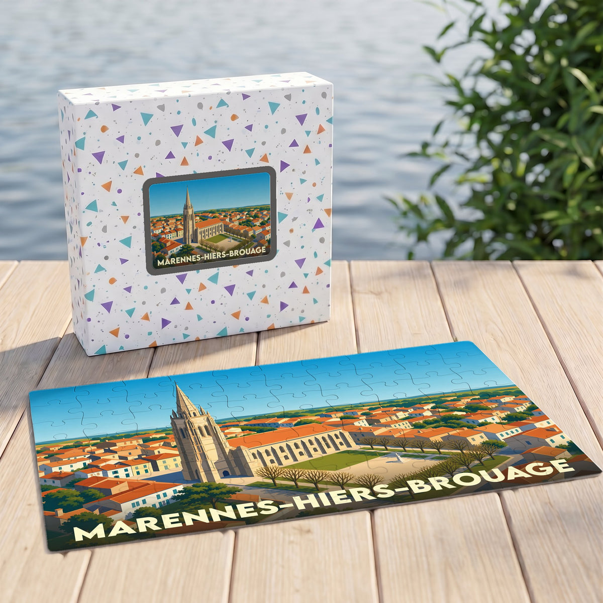 Puzzle souvenir de la ville de Marennes-Hiers-Brouage illustré par une vue aérienne stylisée de son église et de ses toits.