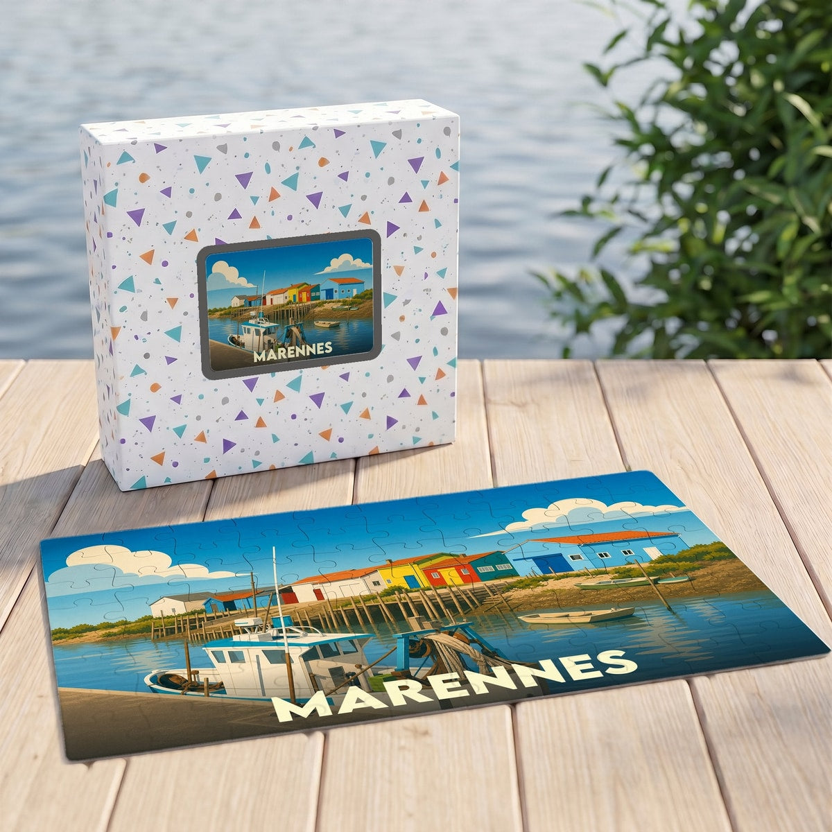 Puzzle souvenir de la ville de Marennes avec une illustration colorée d'un port de pêche et sa boîte assortie.
