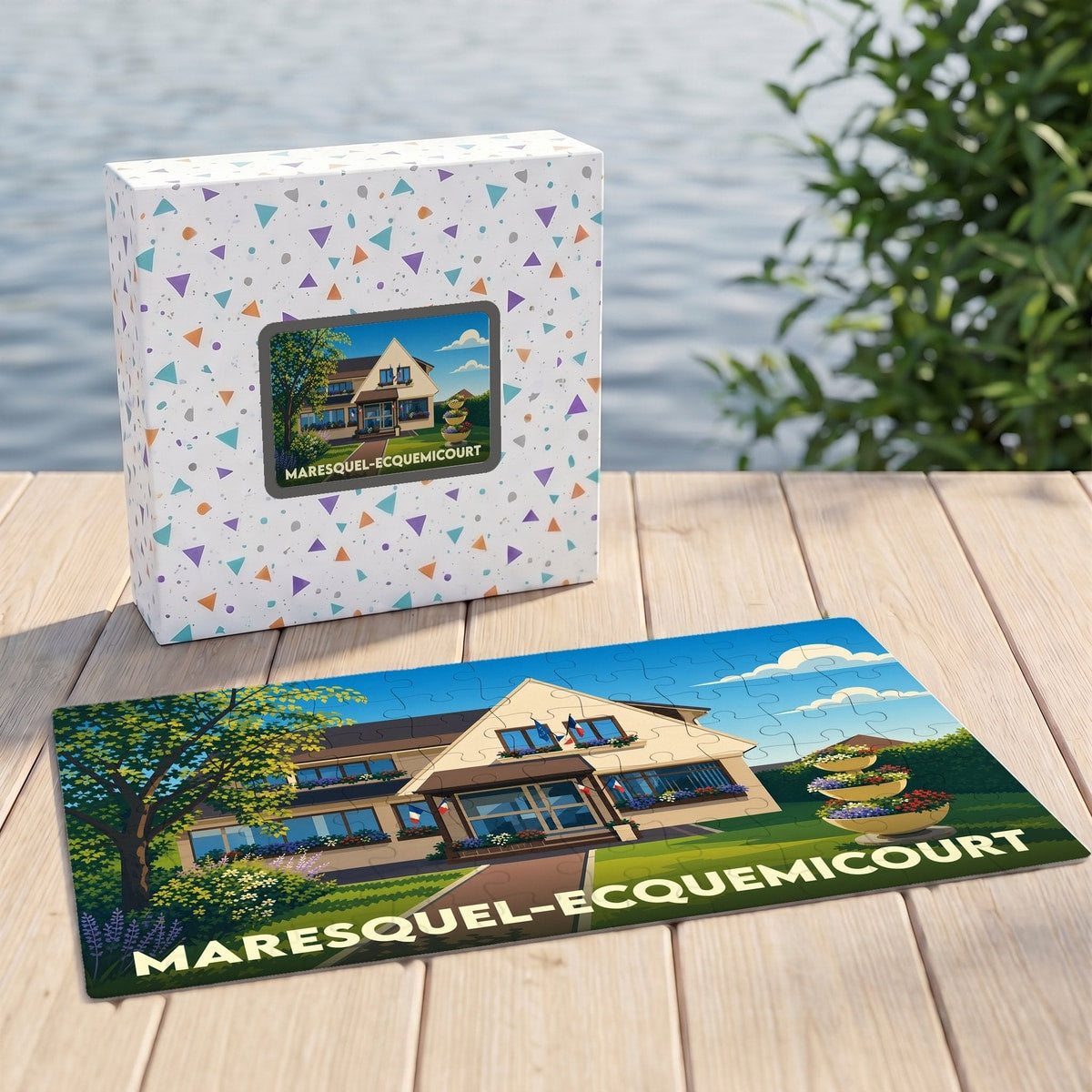 Puzzle souvenir de la ville de Maresquel-Ecquemicourt avec une illustration stylisée de la mairie.