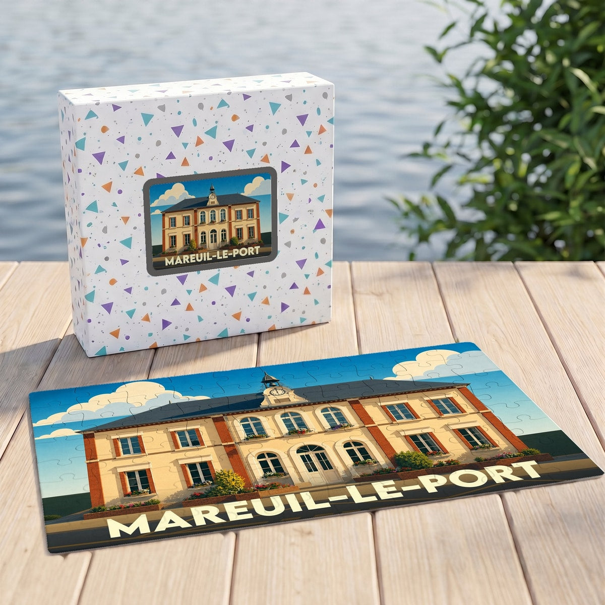 Puzzle souvenir de la ville de Mareuil-le-Port avec une illustration stylisée de sa mairie.