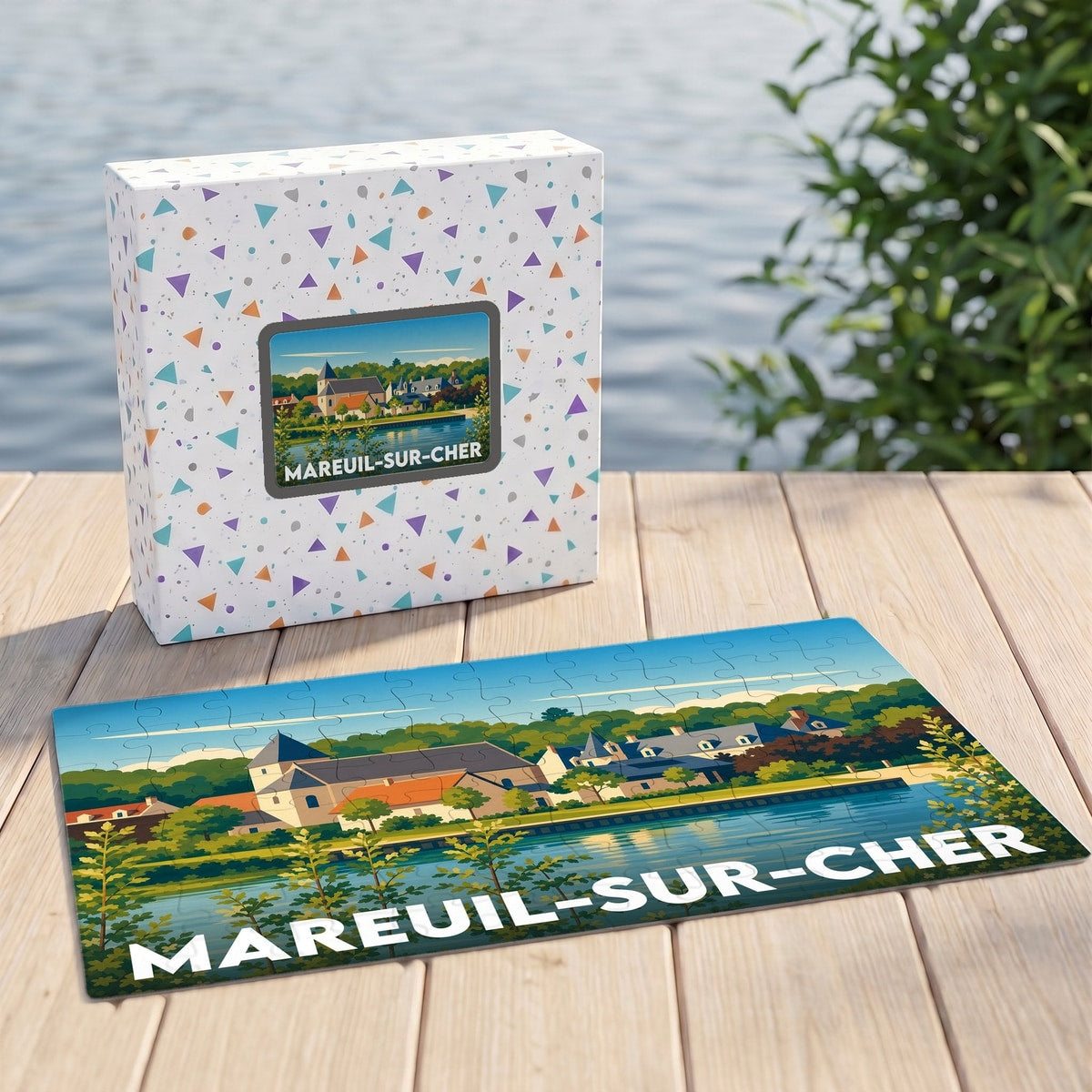 Puzzle souvenir de la ville de Mareuil-sur-Cher avec une illustration stylisée et colorée.