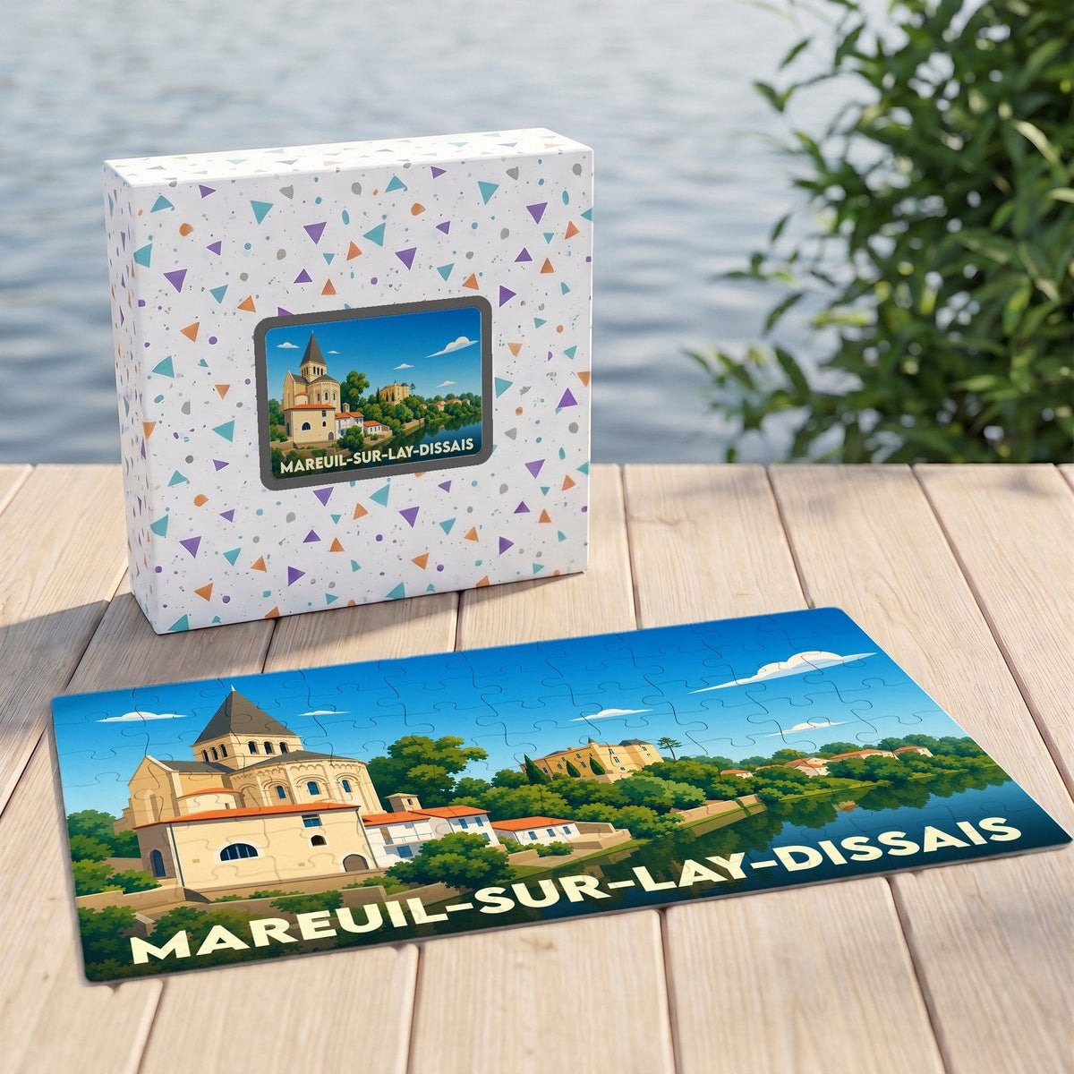 Puzzle souvenir de la ville de Mareuil-sur-Lay-Dissais avec une illustration stylisée de son patrimoine au bord de l'eau.