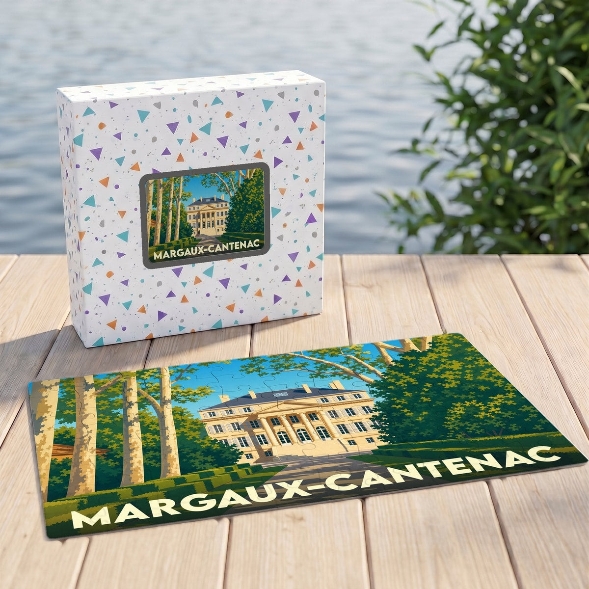 Puzzle souvenir de la ville de Margaux-Cantenac illustrant un château dans un style graphique rétro.