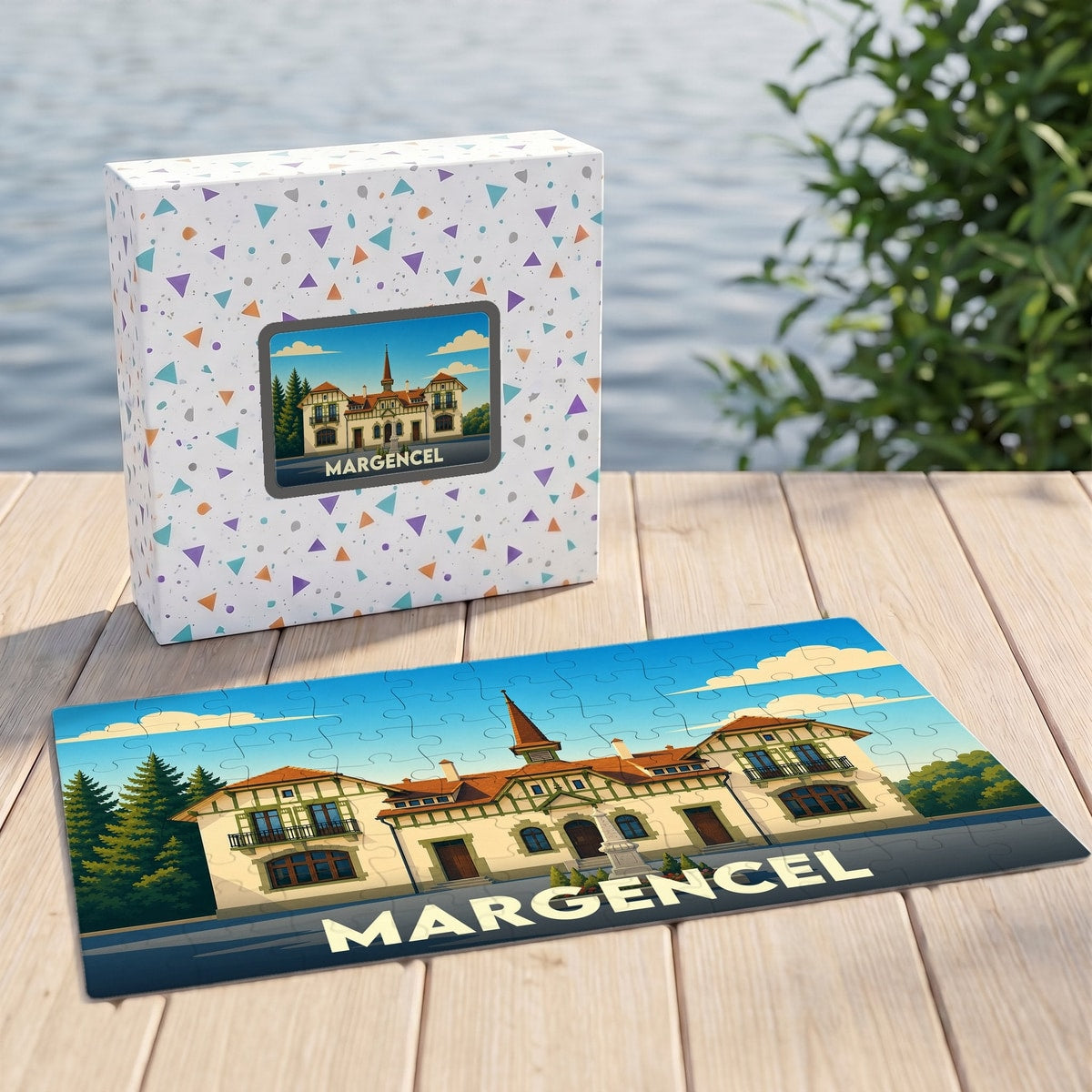Puzzle souvenir de la ville de Margencel avec une illustration stylisée de son architecture.