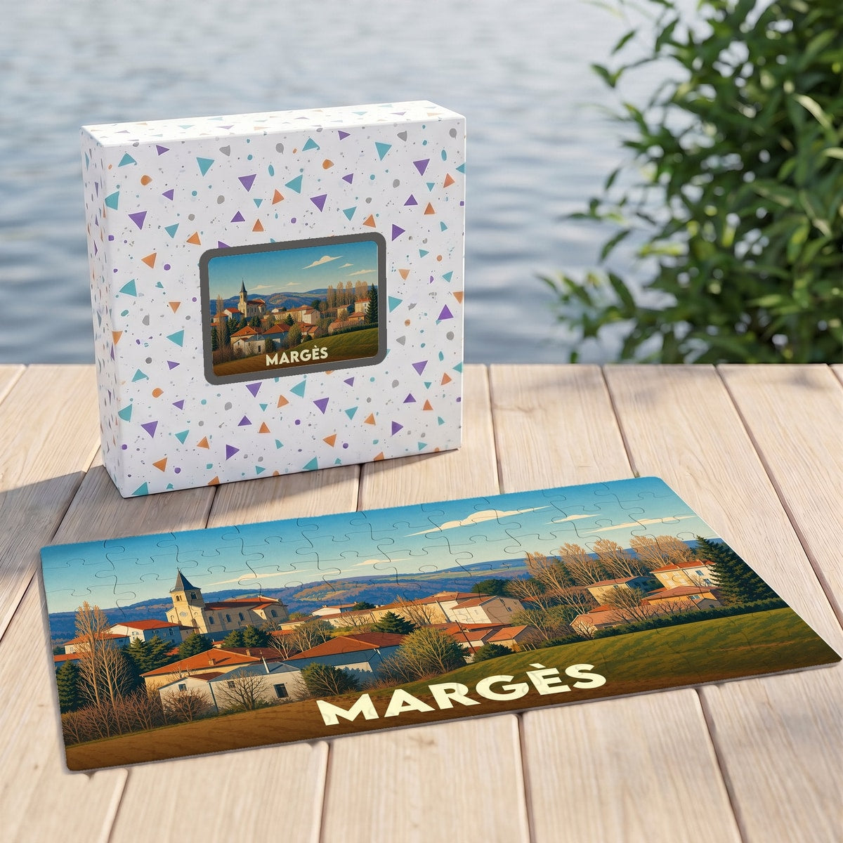 Puzzle souvenir de la ville de Margès avec une illustration stylisée d'un paysage urbain.