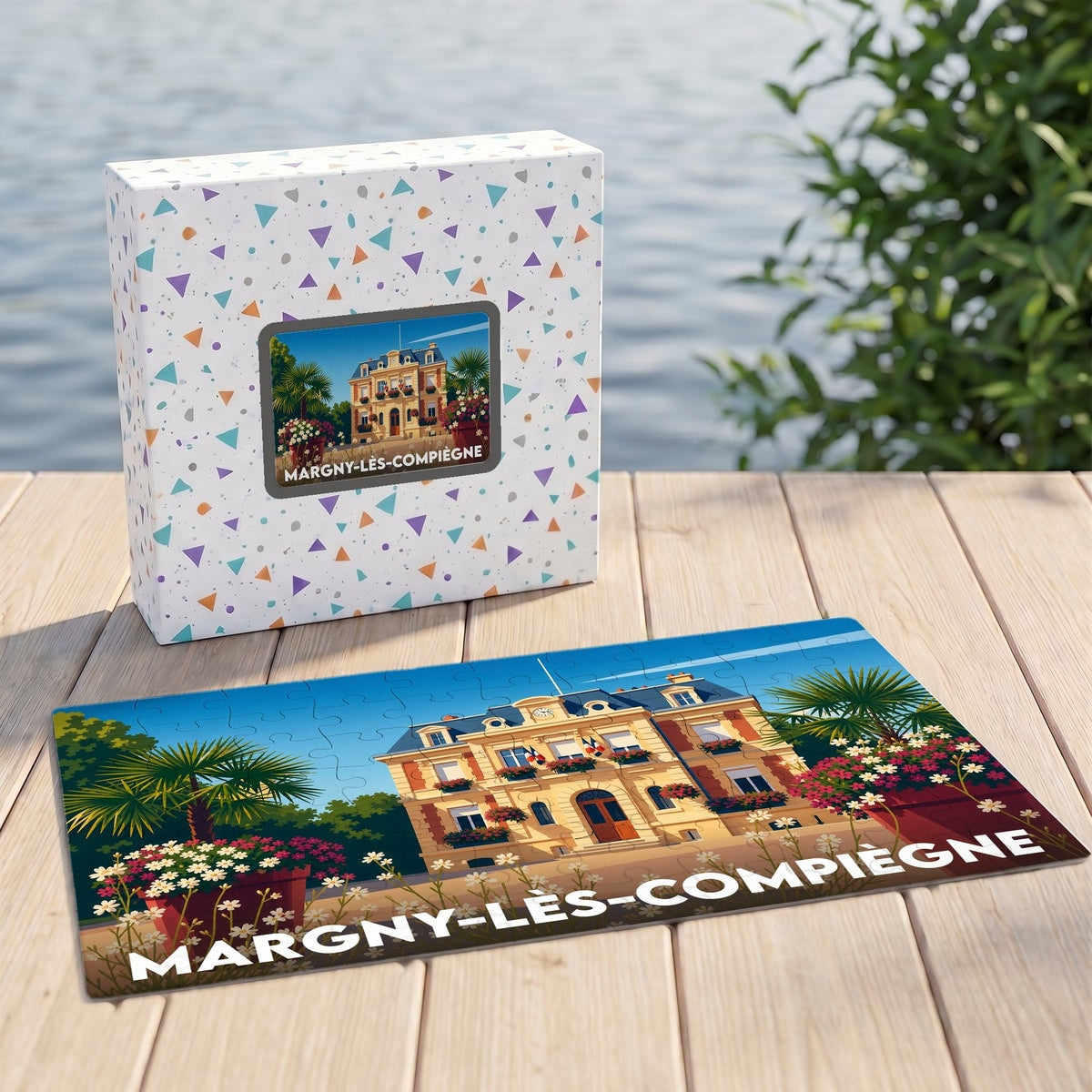 Puzzle souvenir de la ville de Margny-lès-Compiègne avec une illustration colorée de son hôtel de ville.
