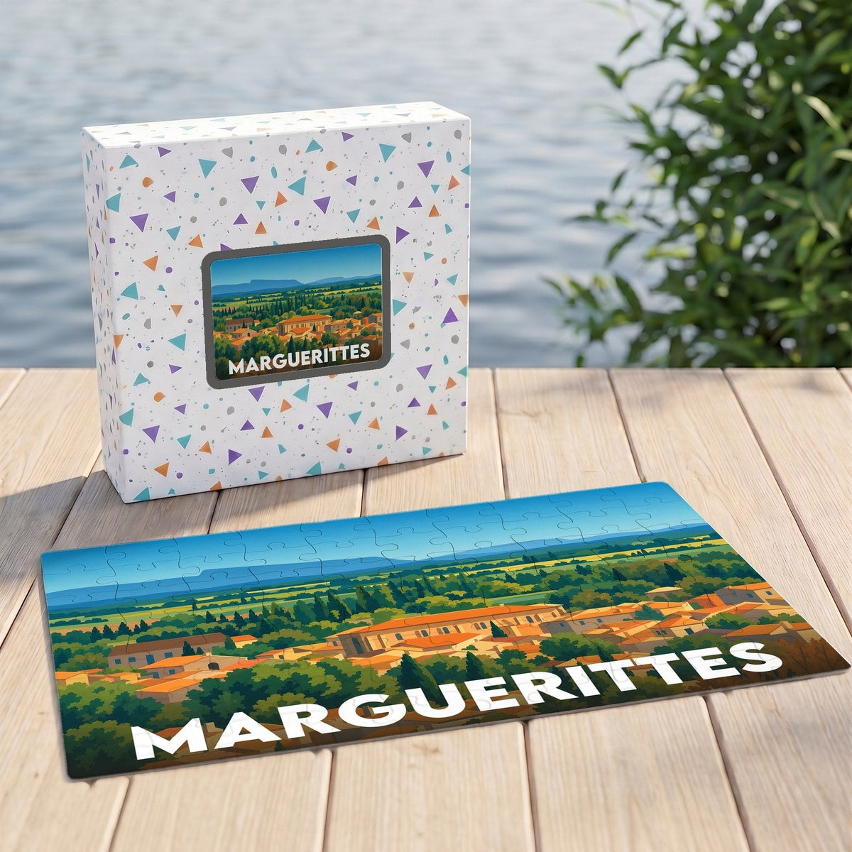 Puzzle souvenir de la ville de Marguerittes avec une illustration panoramique stylisée.