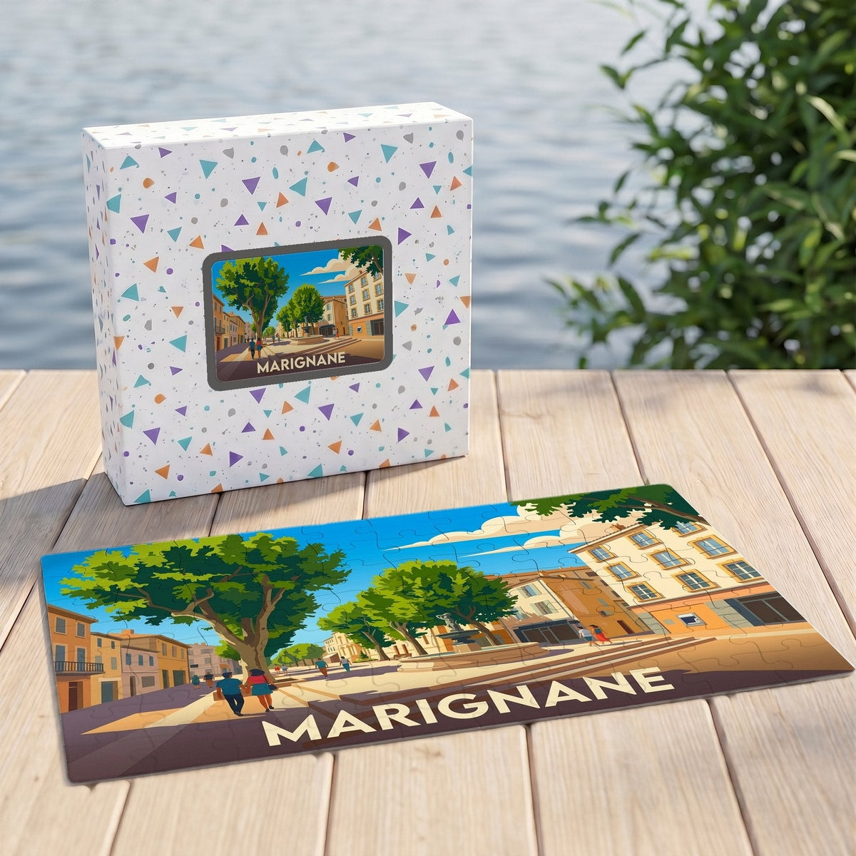Puzzle souvenir de la ville de Marignane avec une illustration colorée et stylisée de son centre-ville.