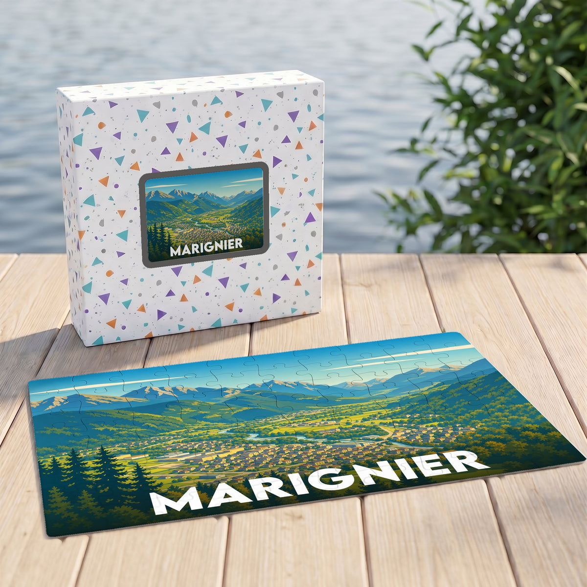 Puzzle souvenir de la ville de Marignier avec une illustration stylisée de sa vallée montagneuse.