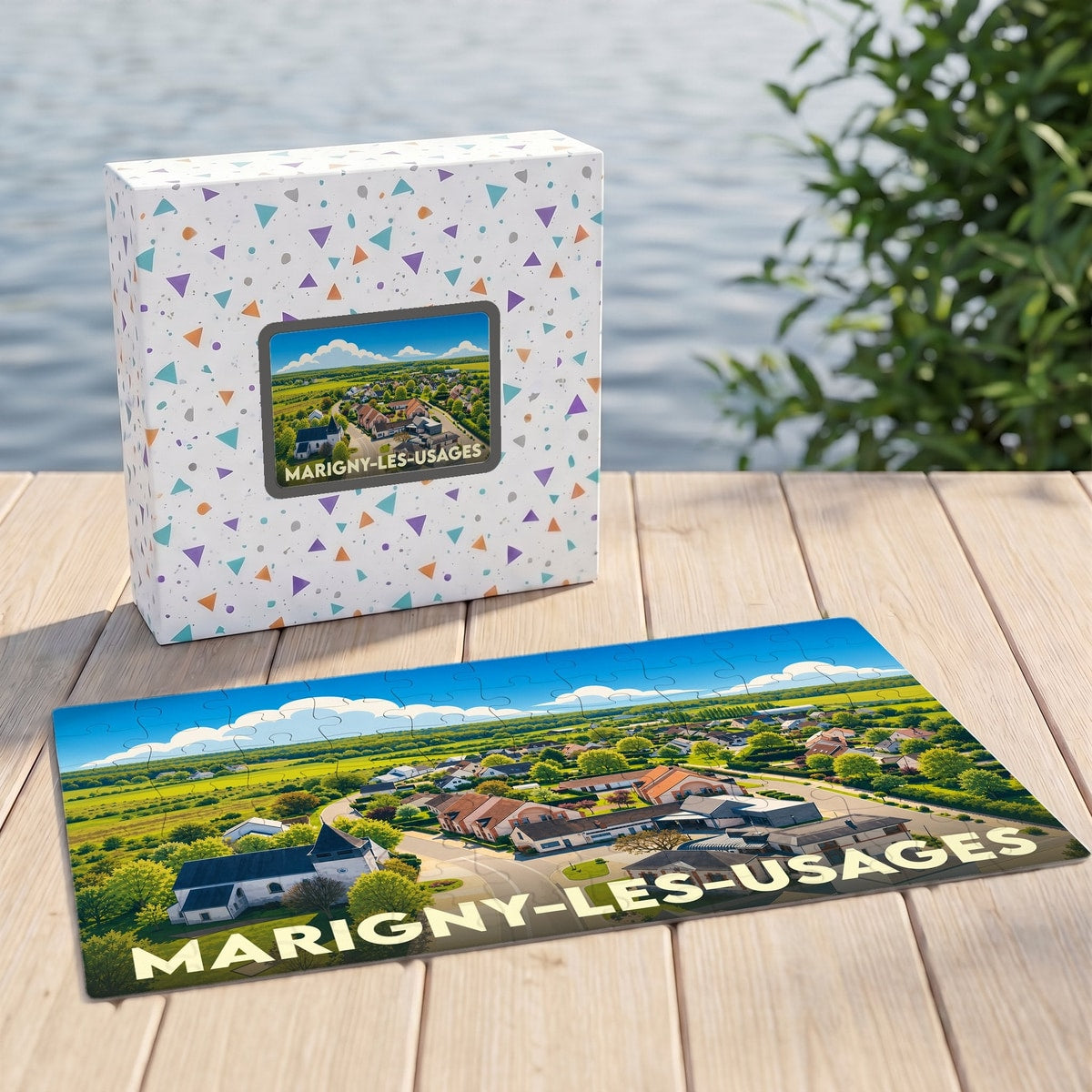 Puzzle souvenir de la ville de Marigny-les-Usages présentant une illustration aérienne colorée.