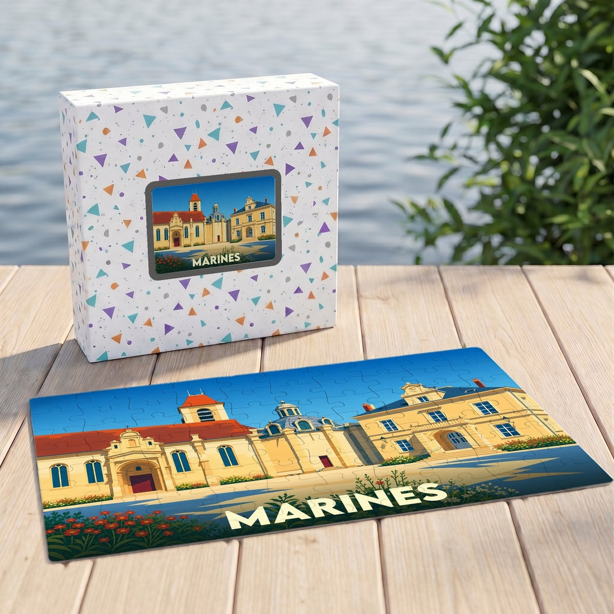 Puzzle souvenir de la ville de Marines avec une illustration stylisée de ses bâtiments historiques.