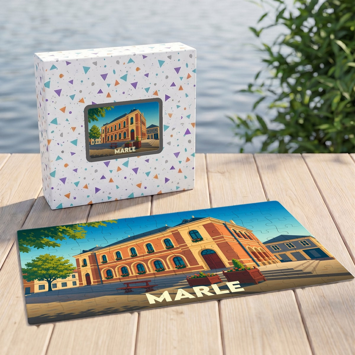 Puzzle souvenir de la ville de Marle avec une illustration colorée de son architecture.