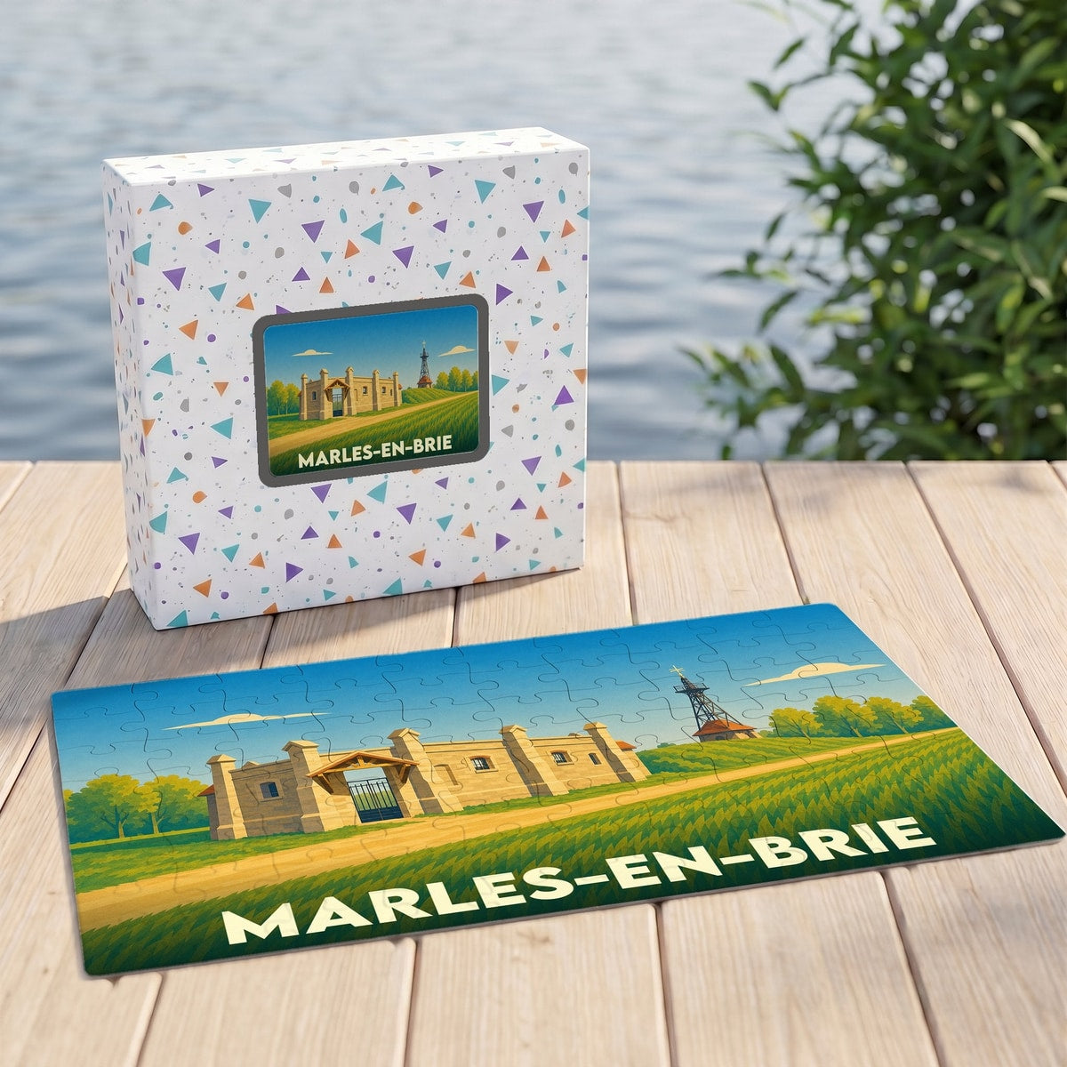 Puzzle souvenir de la ville de Marles-en-Brie avec une illustration stylisée de son paysage et de ses monuments.