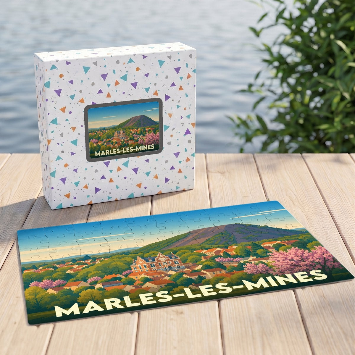 Puzzle souvenir de la ville de Marles-les-Mines avec une illustration paysagère colorée.