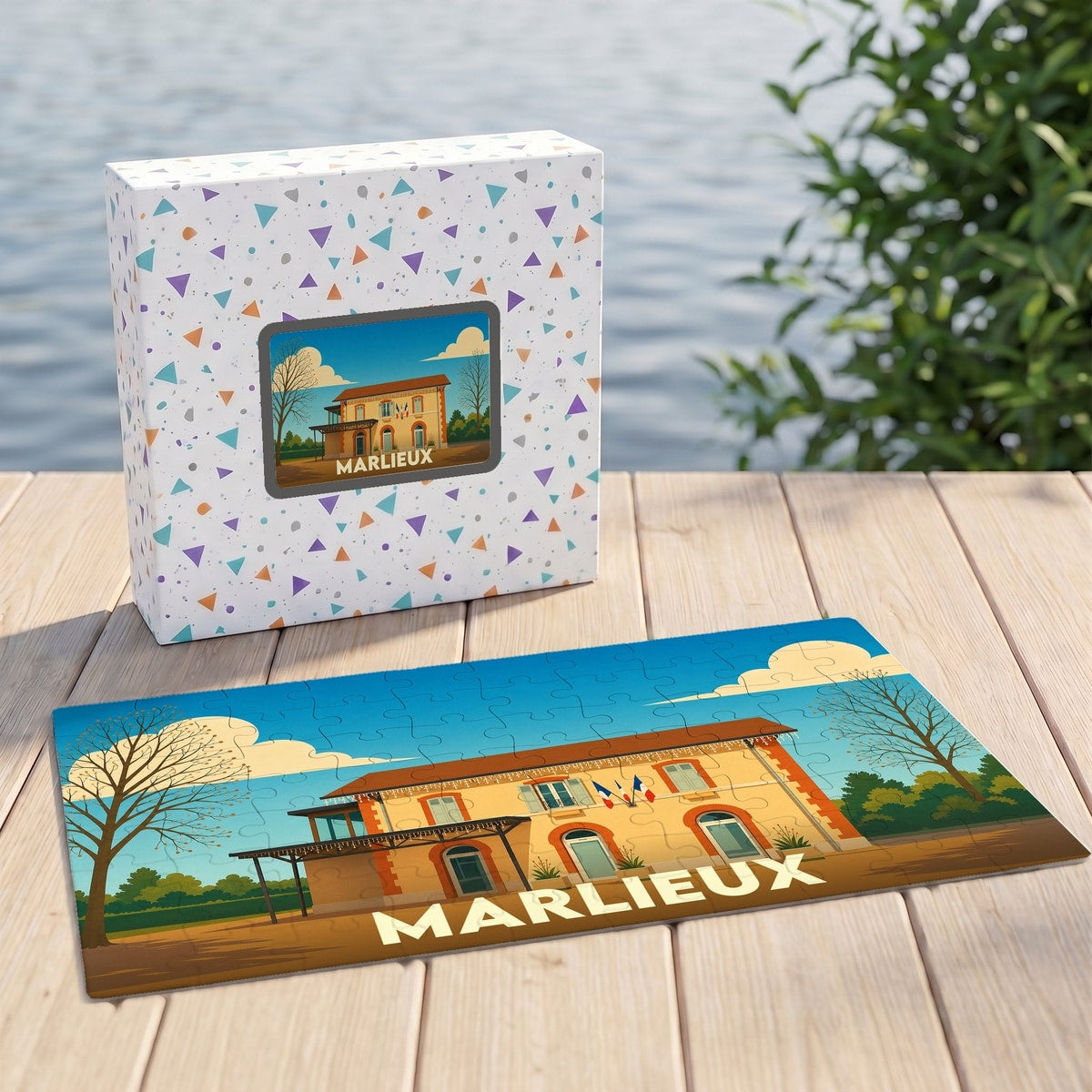 Puzzle souvenir de la ville de Marlieux avec une illustration stylisée d'un bâtiment typique.