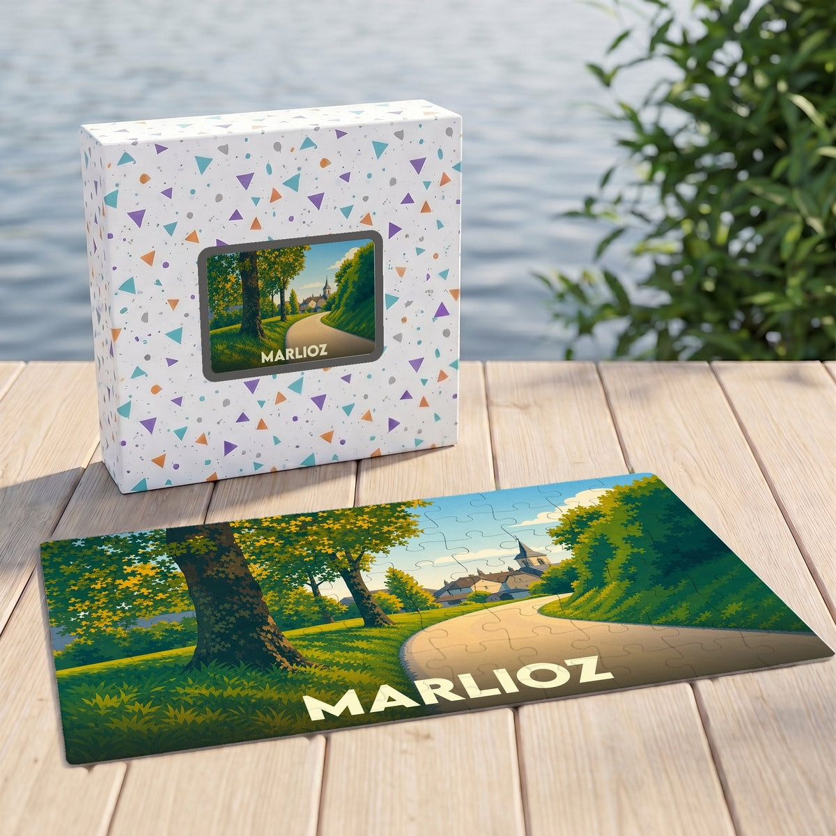 Puzzle souvenir de la ville de Marlioz avec une illustration stylisée d'un paysage verdoyant.