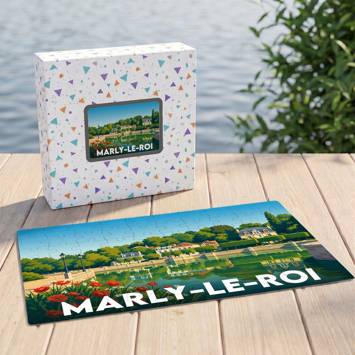 Puzzle souvenir de la ville de Marly-le-Roi illustrant un paysage de parc au bord de l'eau avec son coffret assorti.