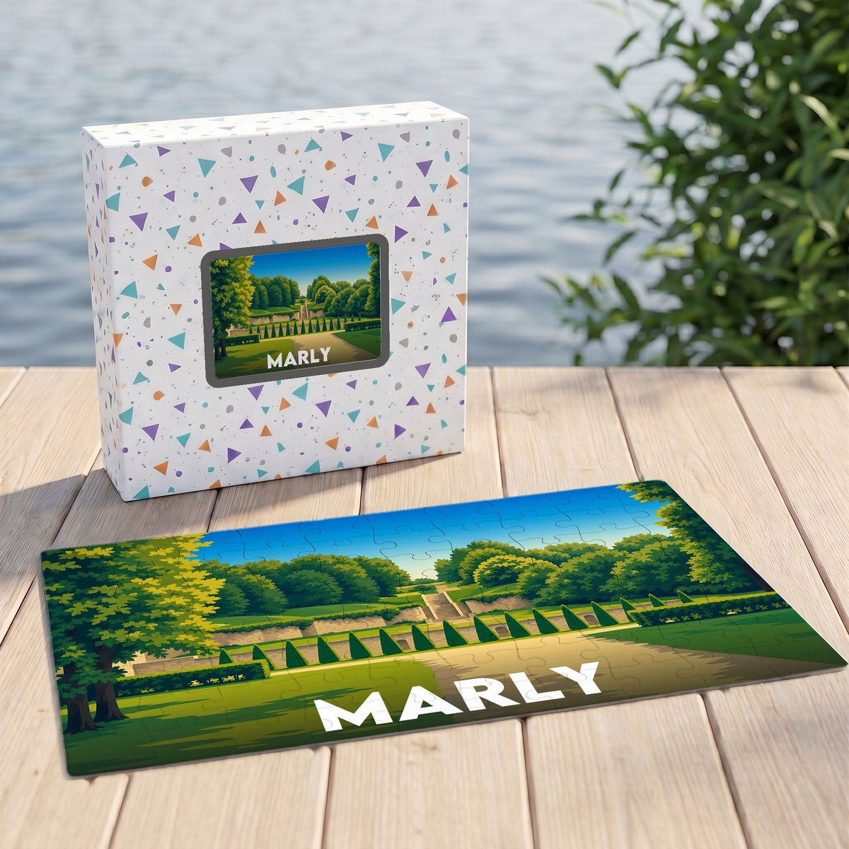 Puzzle souvenir de la ville de Marly avec une illustration stylisée d'un parc verdoyant.