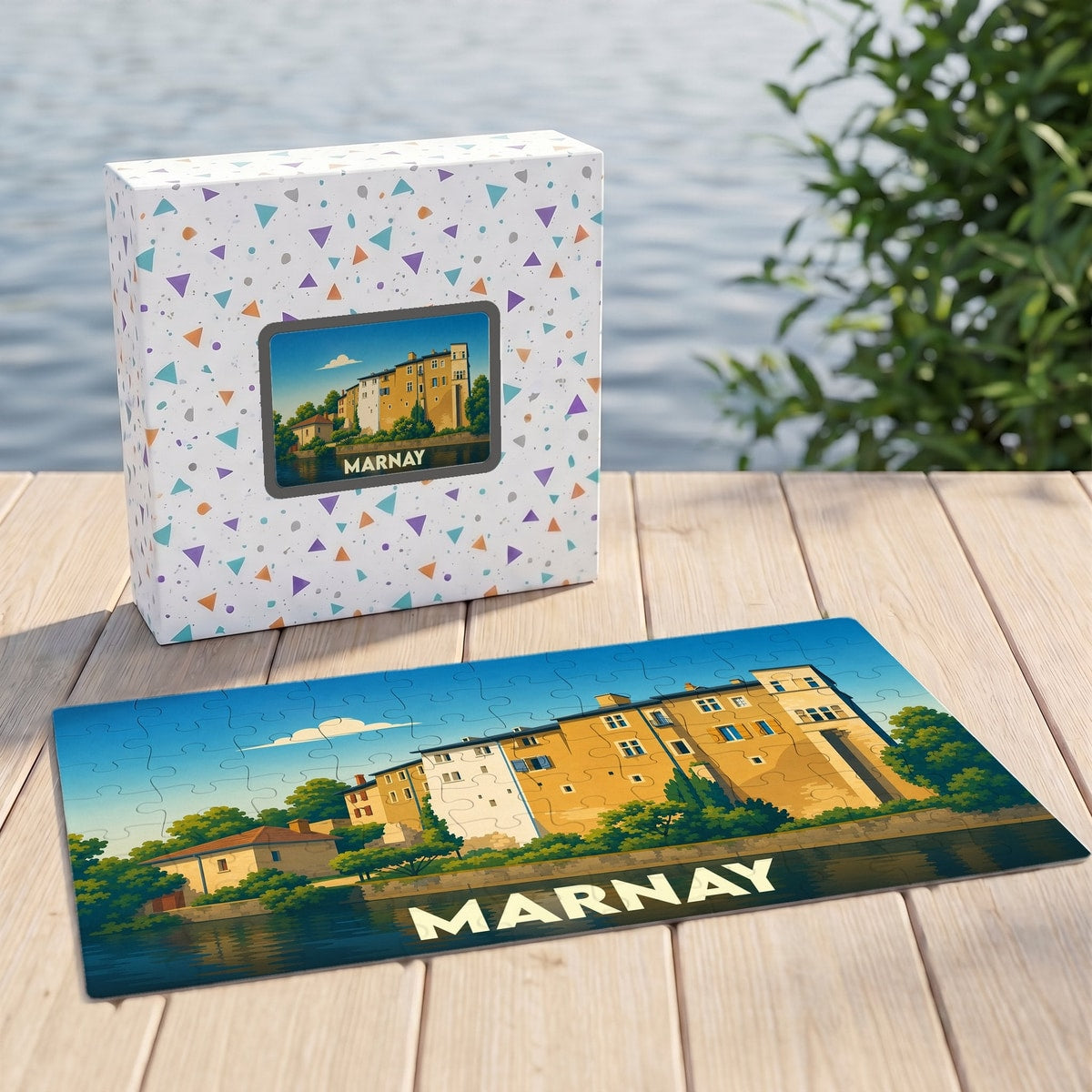 Puzzle souvenir de la ville de Marnay avec une illustration stylisée.