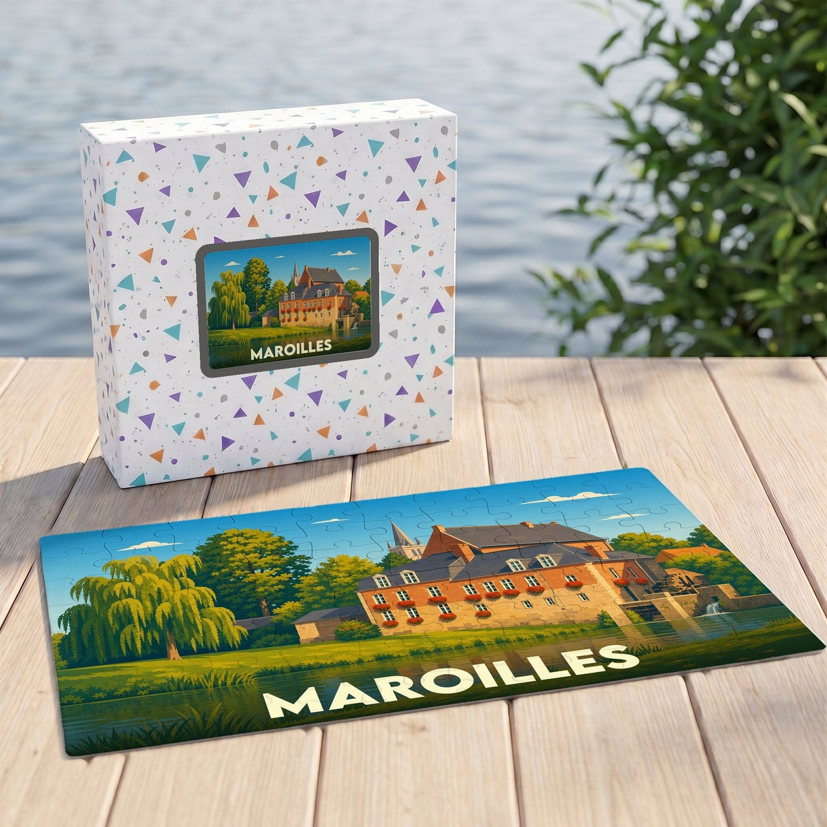 Puzzle souvenir de la ville de Maroilles avec une illustration stylisée de son moulin et de son abbaye.