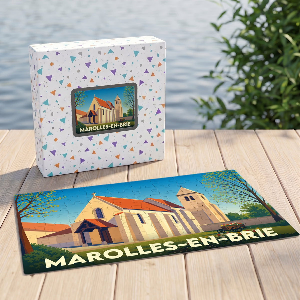 Puzzle souvenir de la ville de Marolles-en-Brie représentant son église dans un style illustré.