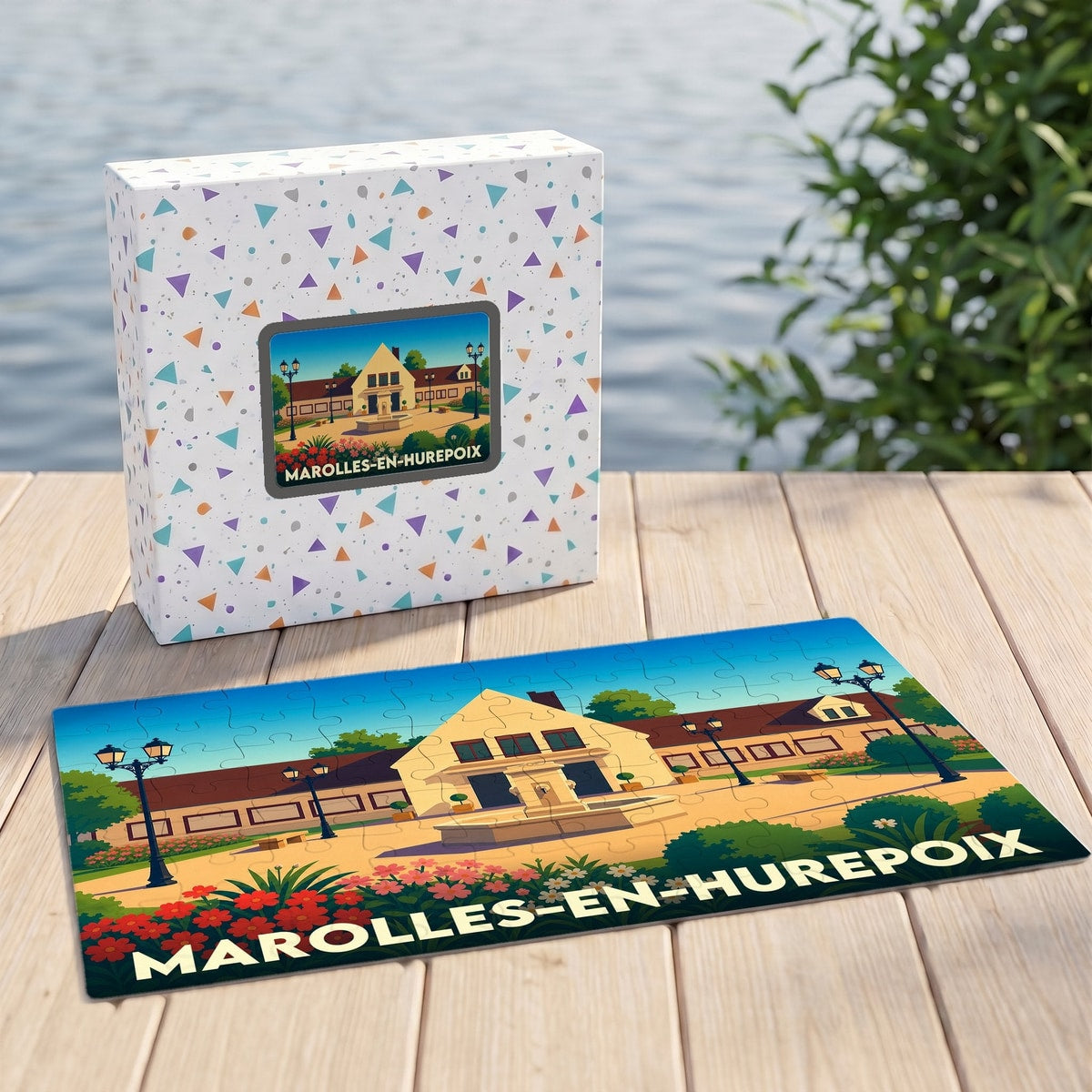 Puzzle souvenir de la ville de Marolles-en-Hurepoix avec une illustration stylisée de son architecture.
