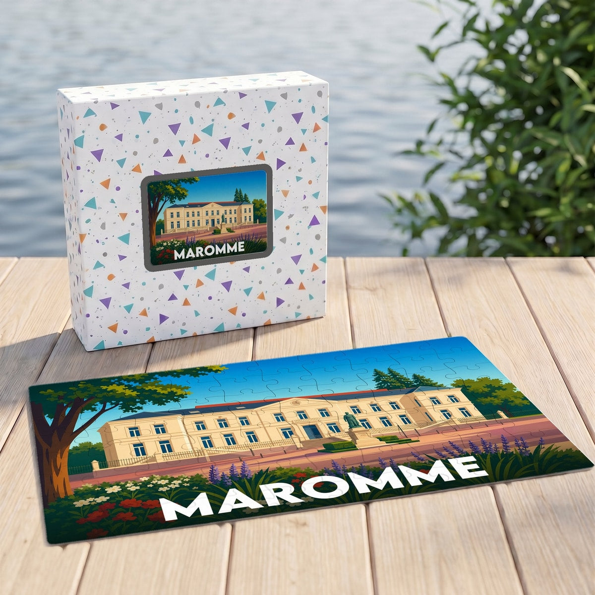 Puzzle souvenir de la ville de Maromme avec une illustration stylisée de son hôtel de ville.