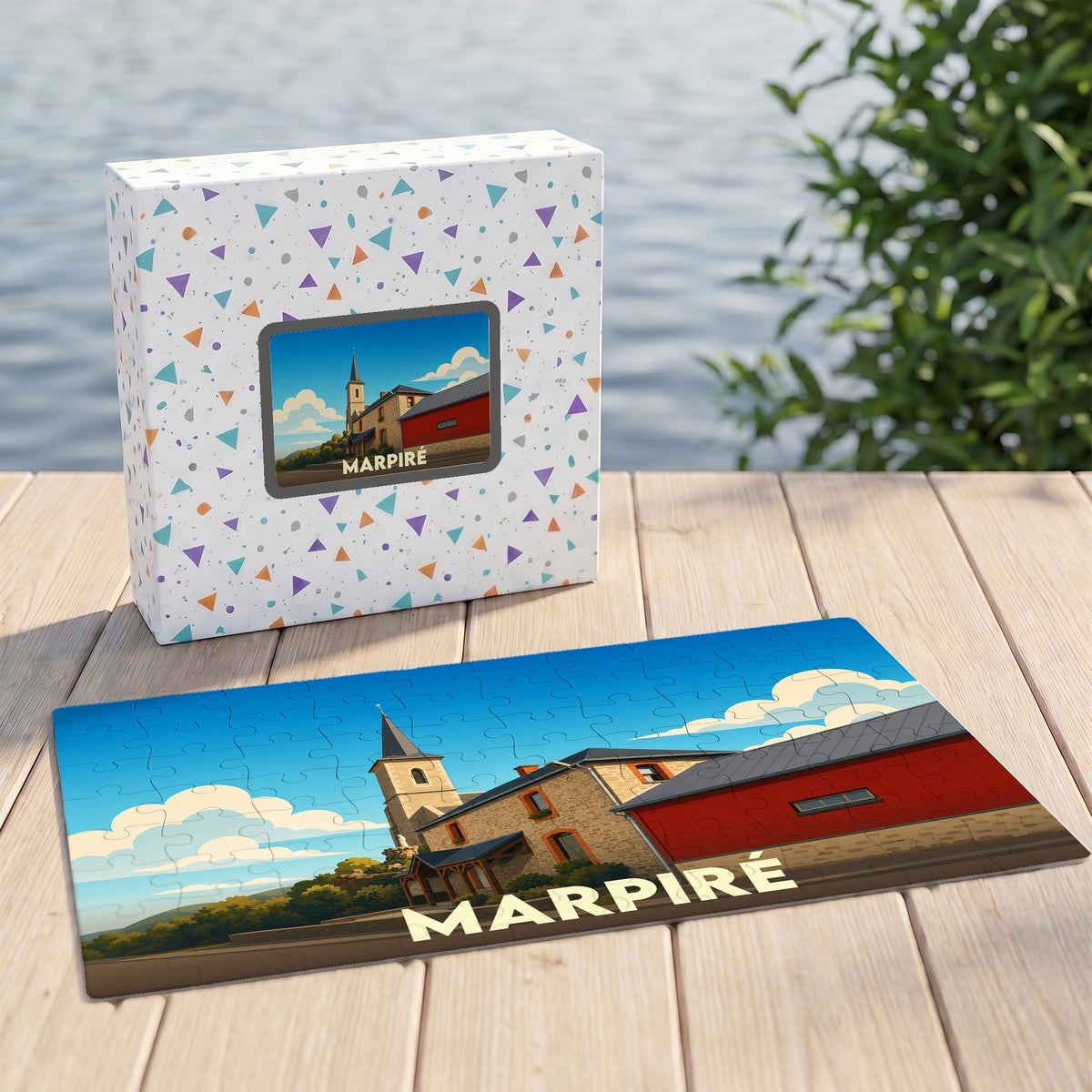 Puzzle souvenir de la ville de Marpiré avec une illustration stylisée.