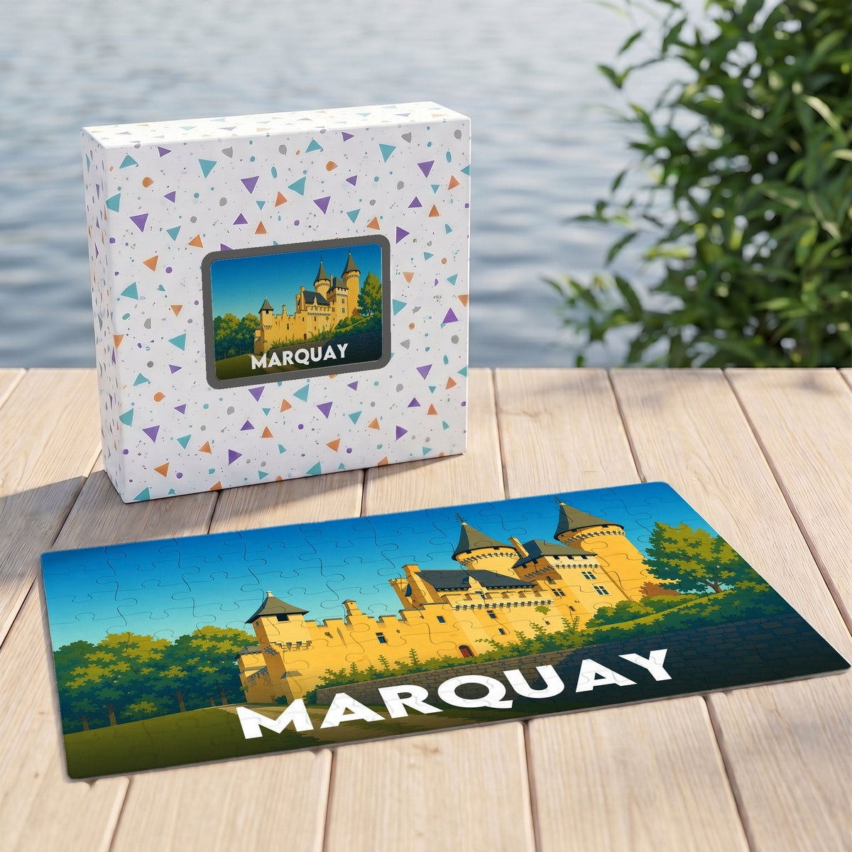 Puzzle souvenir de la ville de Marquay avec une illustration colorée de son château.