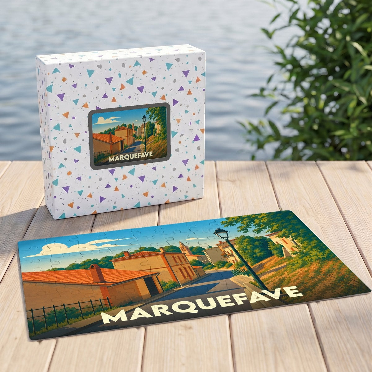 Puzzle souvenir de la ville de Marquefave avec une illustration stylisée d'une rue ensoleillée.
