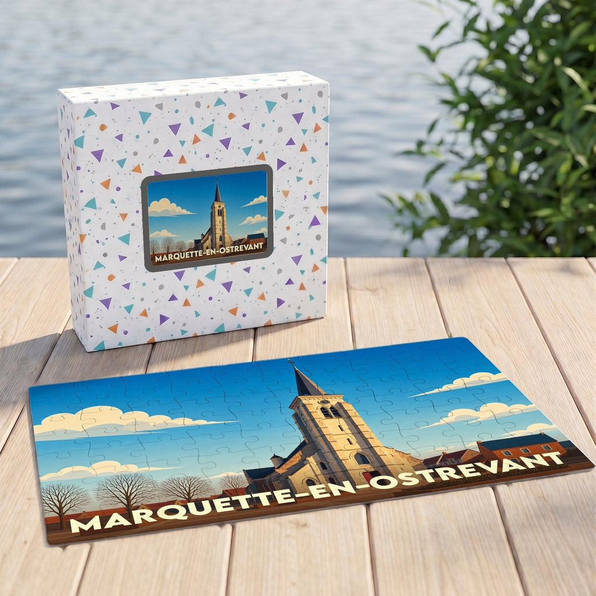 Puzzle souvenir de la ville de Marquette-en-Ostrevant avec une illustration stylisée de son église.