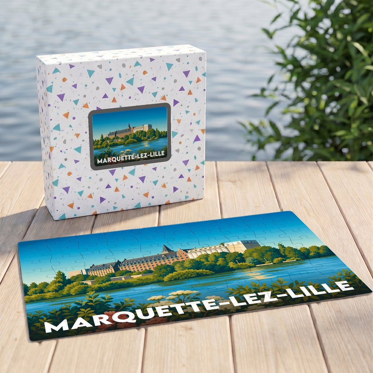 Puzzle souvenir de la ville de Marquette-lez-Lille avec une illustration stylisée des bords de la Deûle.