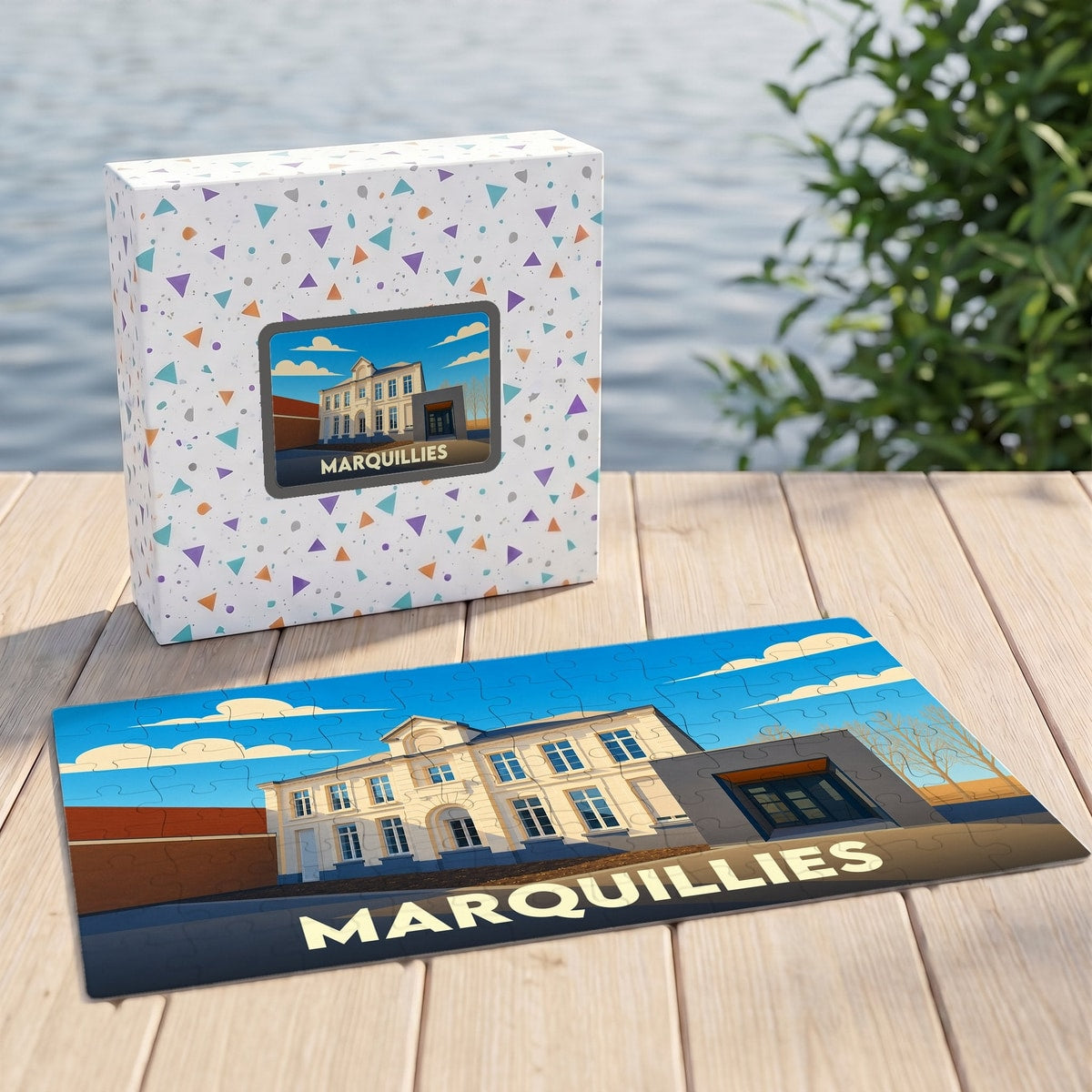 Puzzle souvenir de la ville de Marquillies avec une illustration stylisée d'un bâtiment remarquable.
