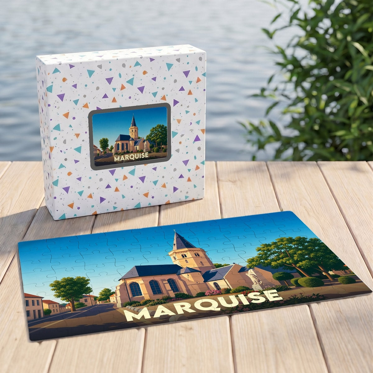 Puzzle souvenir de la ville de Marquise illustré par une vue stylisée de son église.