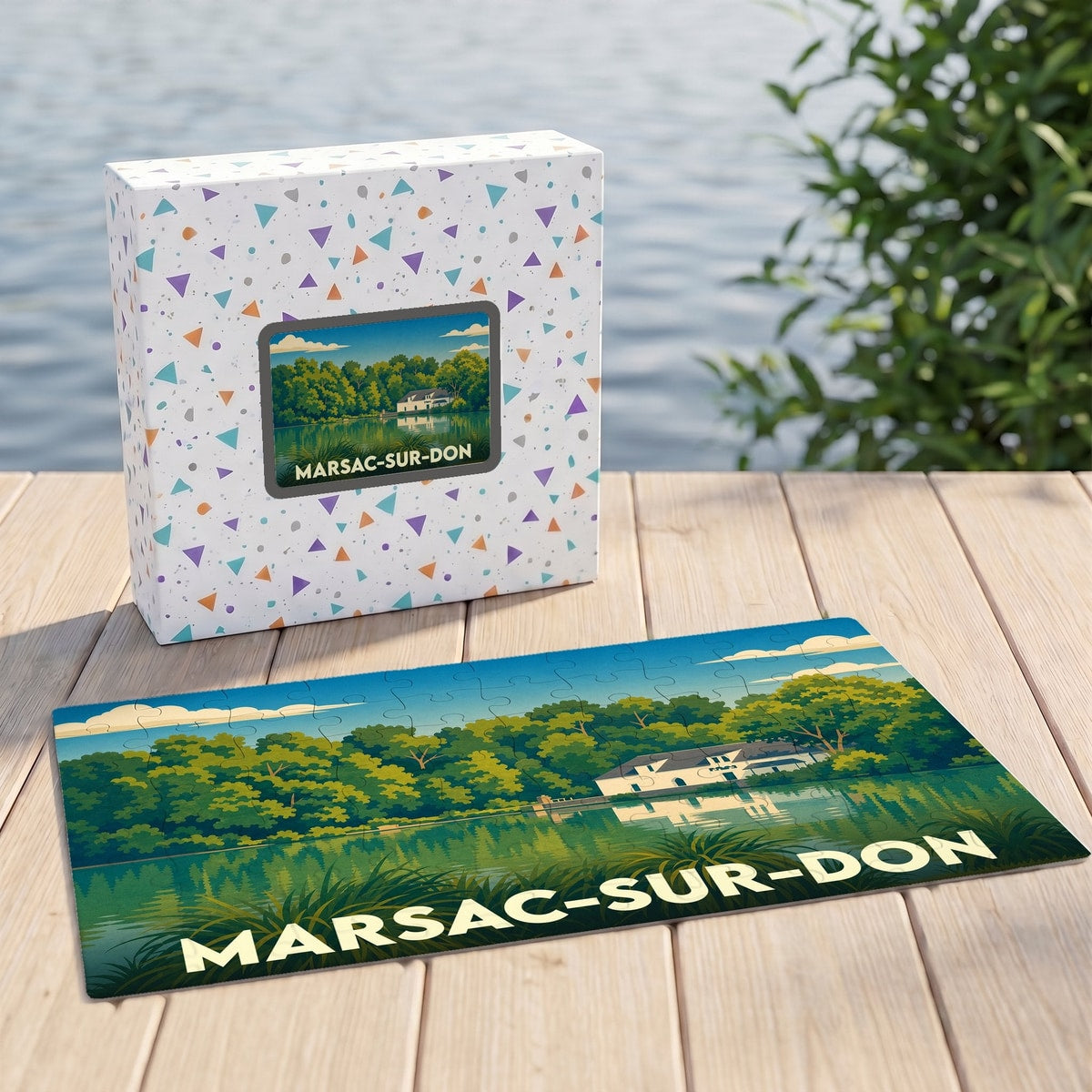 Puzzle souvenir de la ville de Marsac-sur-Don avec une illustration paysagère stylisée.