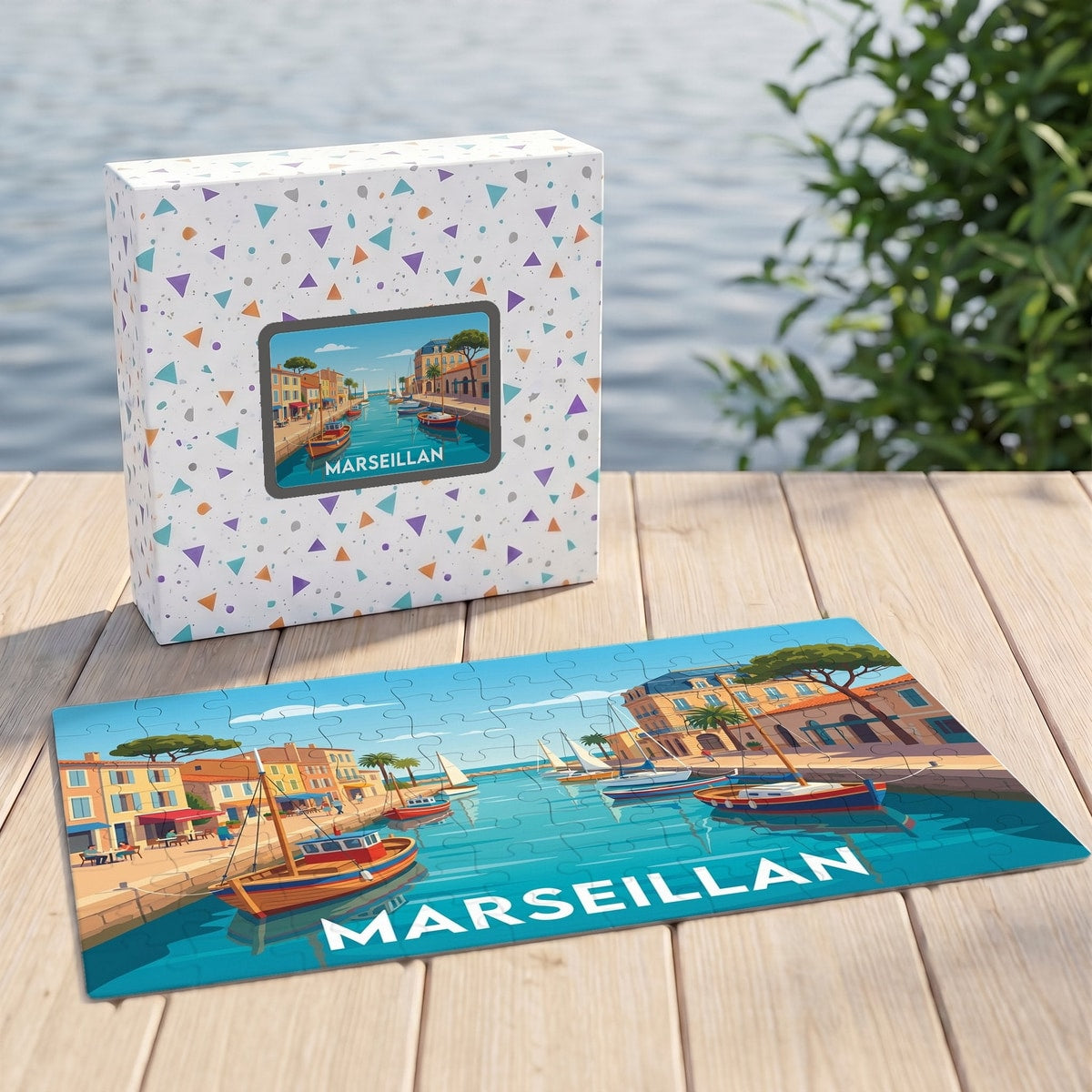Puzzle souvenir de la ville de Marseillan illustrant son port avec un style graphique coloré.