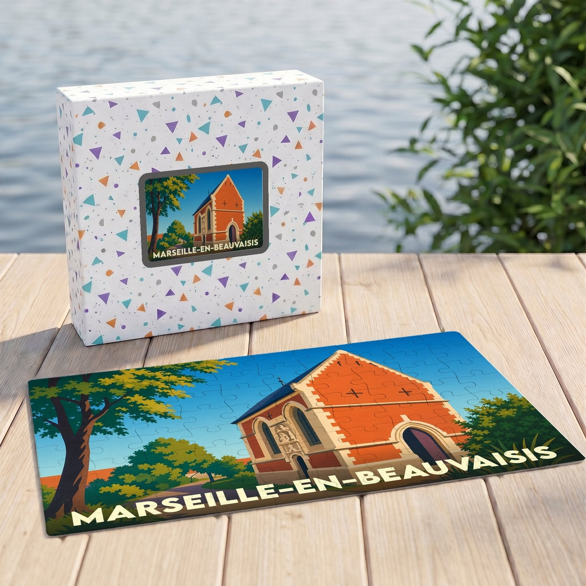 Puzzle souvenir de la ville de Marseille-en-Beauvaisis avec une illustration stylisée de sa chapelle.