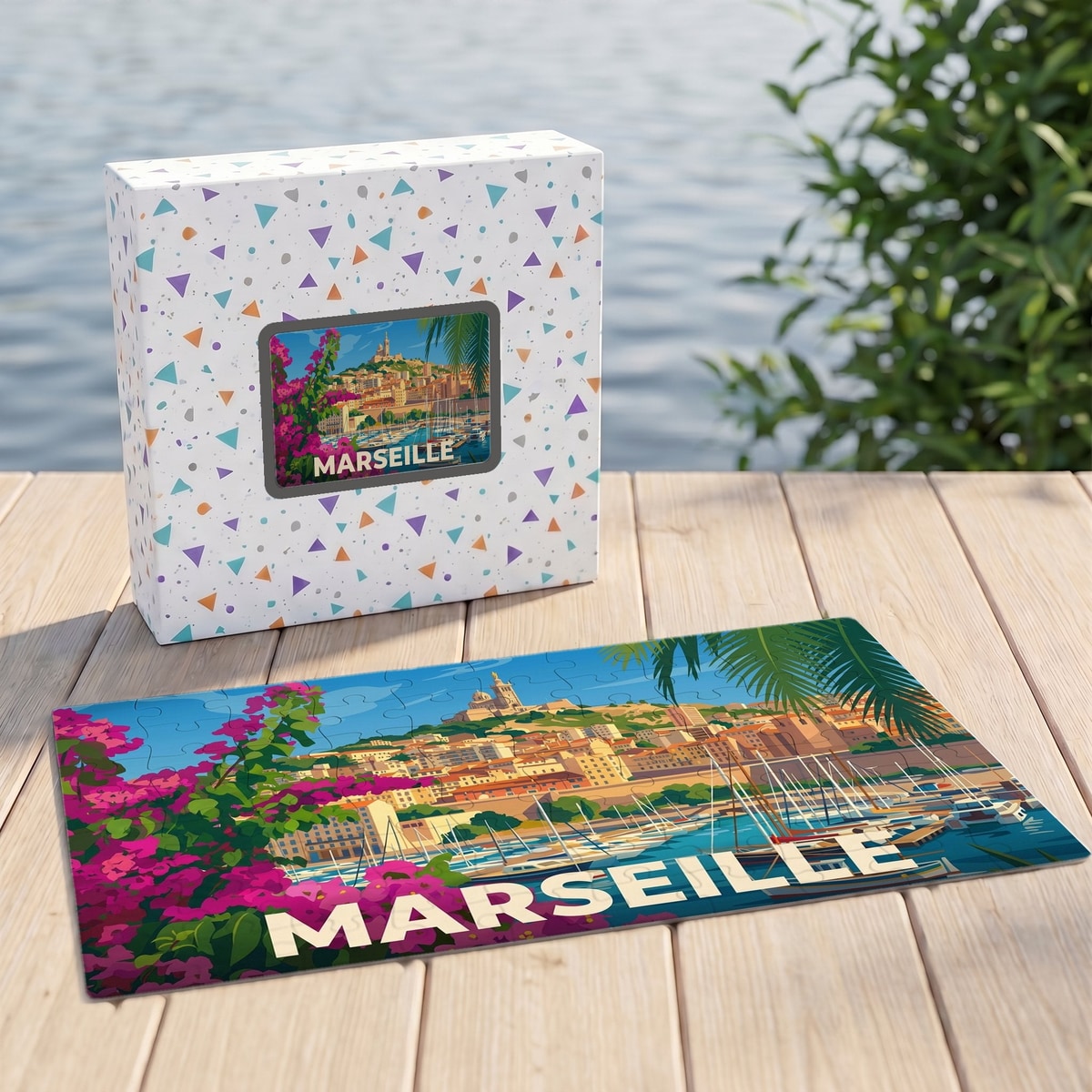 Puzzle souvenir de la ville de Marseille illustrant son port et la basilique Notre-Dame de la Garde dans un style rétro.