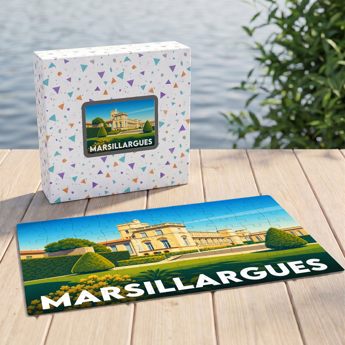 Puzzle souvenir de la ville de Marsillargues avec une illustration stylisée de son château.